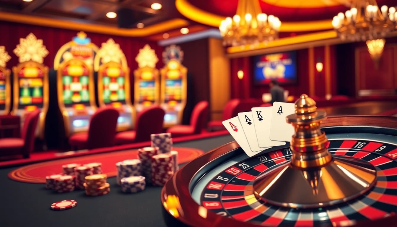 Exciting gaming atmosphere at PS99 online casino, featuring poker chips and slot machines.