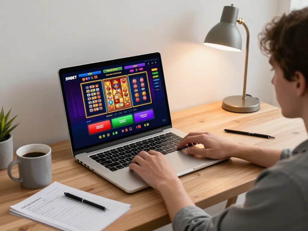 Player immersed in online casino games at home using SHBET interface on laptop