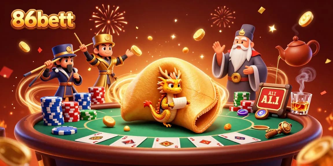 Engage in dynamic 86bettt gaming excitement with golden fortune cookie characters amidst vibrant casino elements.