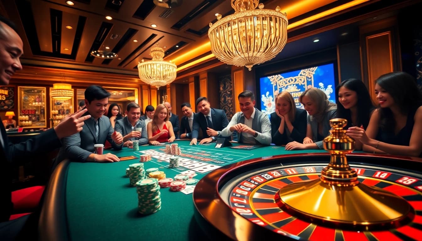 Experience thrilling gameplay at Liên Minh KJC's luxurious casino tables with vibrant poker action.