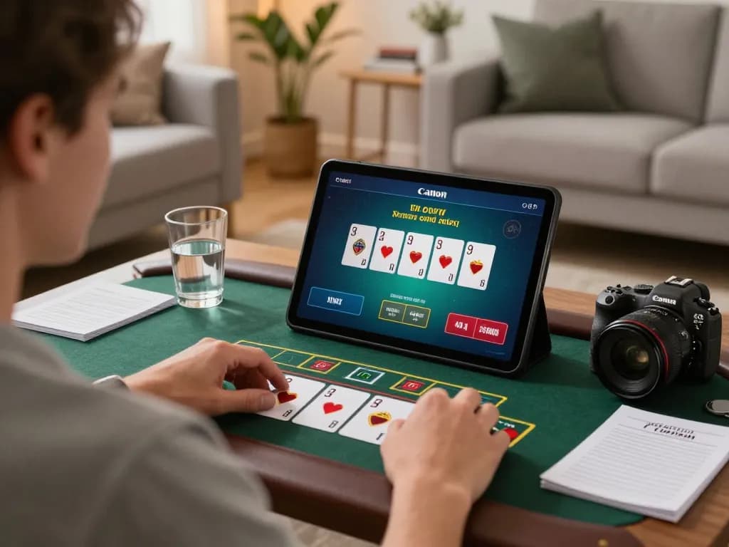 Engaging in blackjack gameplay at https://ga88bet.com/ with stylish home setup and strategic notes.