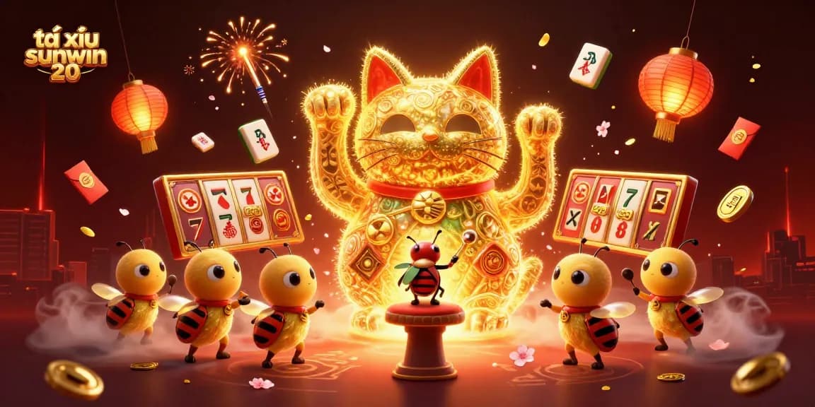 Engage in the excitement of tài xỉu sunwin 20, illustrated with lucky symbols and vibrant elements.