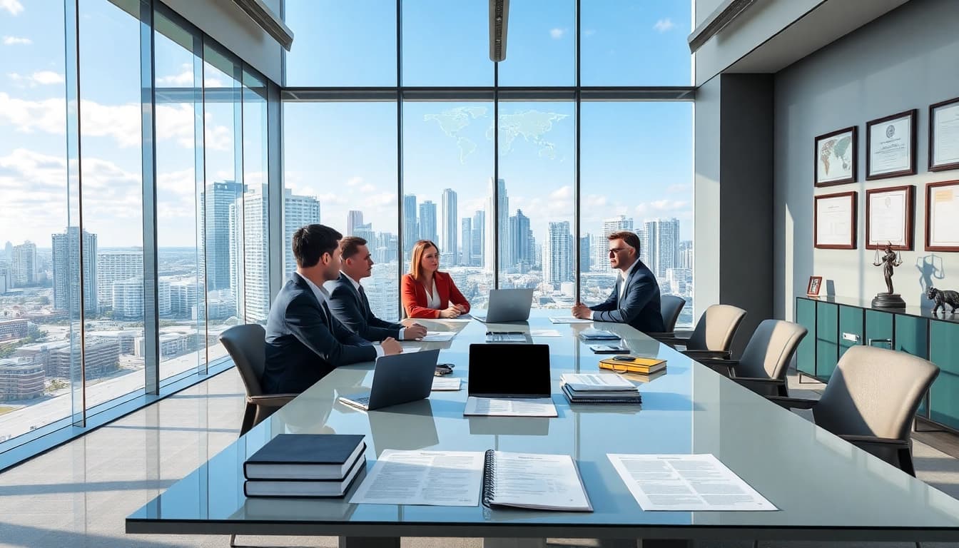 Dynamic scene of a law firm in Miami, showcasing lawyers discussing business contracts in a modern office.