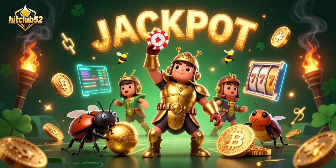 Experience the thrill of hitclub52 as a hercules beetle celebrates victory with poker chips amidst glowing crypto coins.