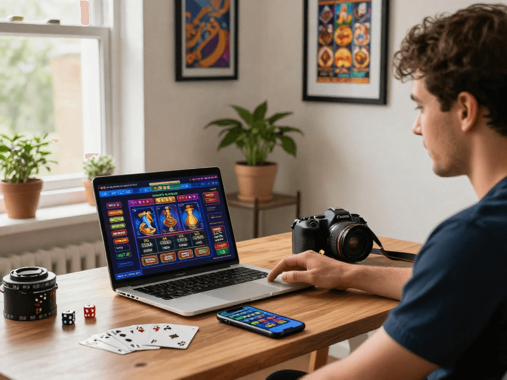A UK player at a stylish home office enjoying online gaming at non GamStop casinos, blending comfort and excitement with gaming gear and a laptop.