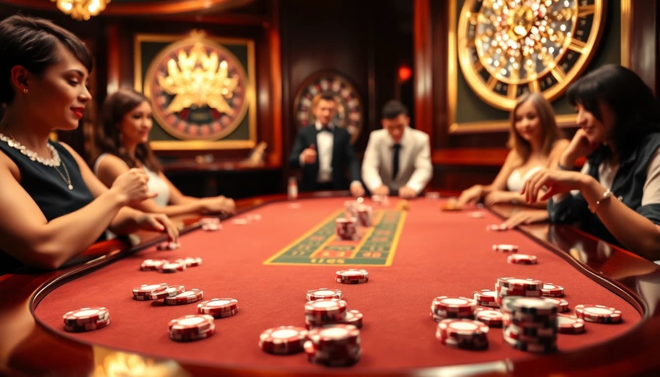 Players engaging intensely at the U88 casino table, surrounded by vibrant gambling decor.