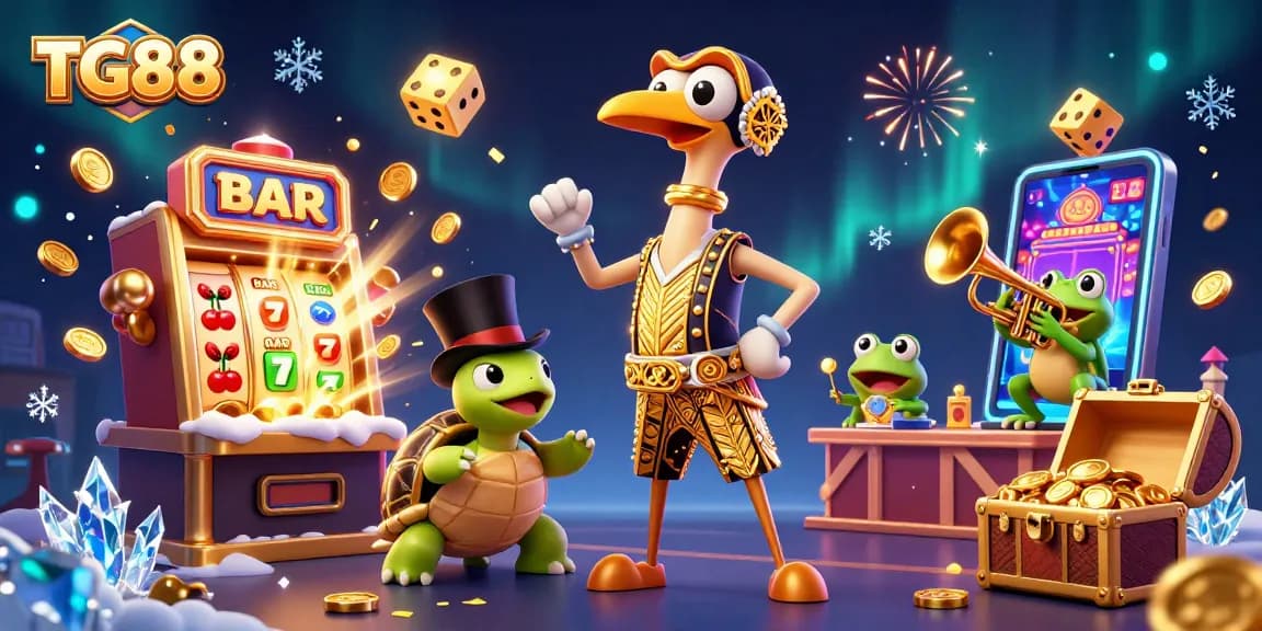 Engage in thrilling gameplay with TG88 at a vibrant online casino featuring dynamic characters and jackpot elements.