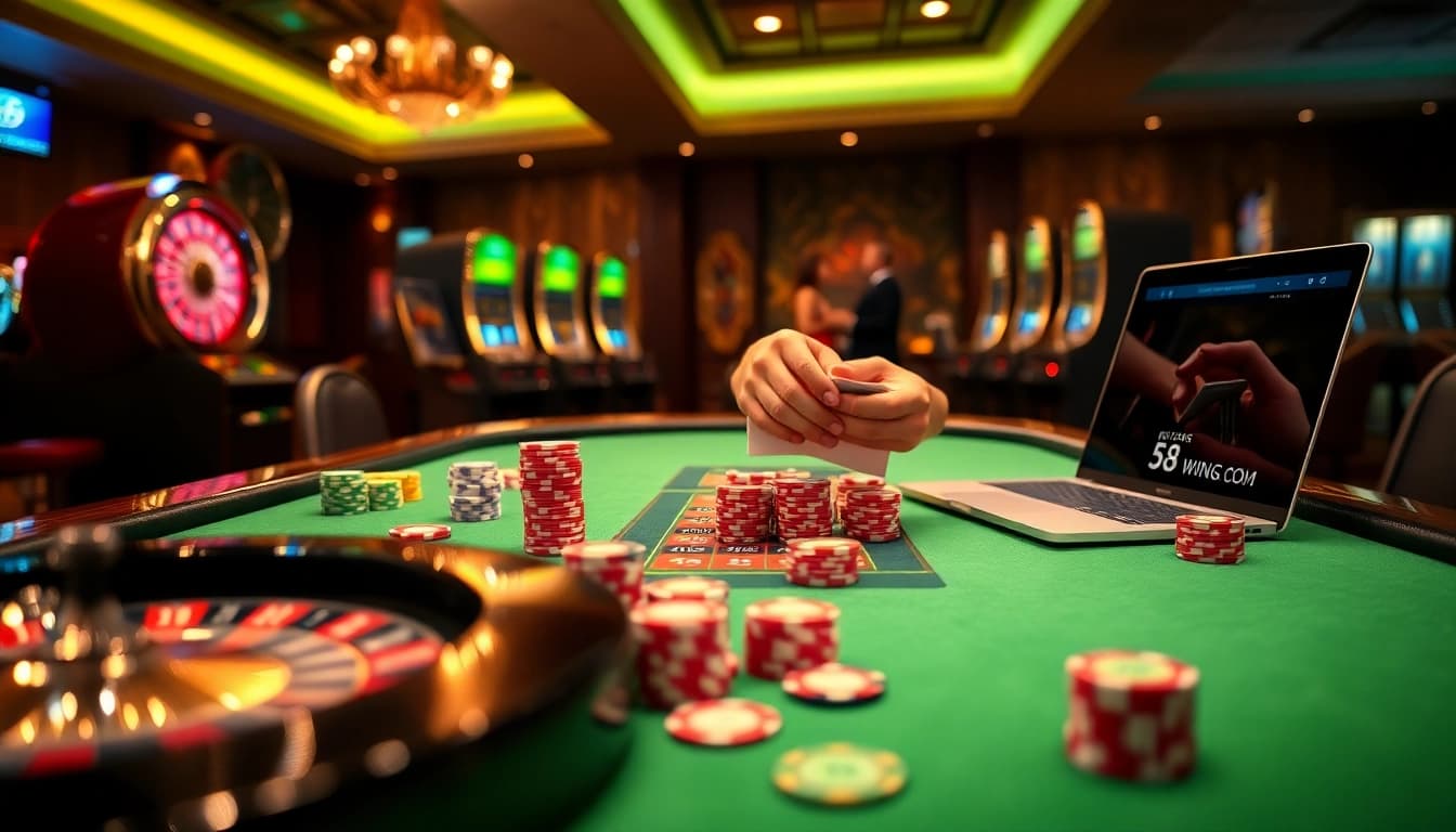 Experience the thrill of betting at https://68wing.com with an exquisite casino scene featuring poker and roulette.