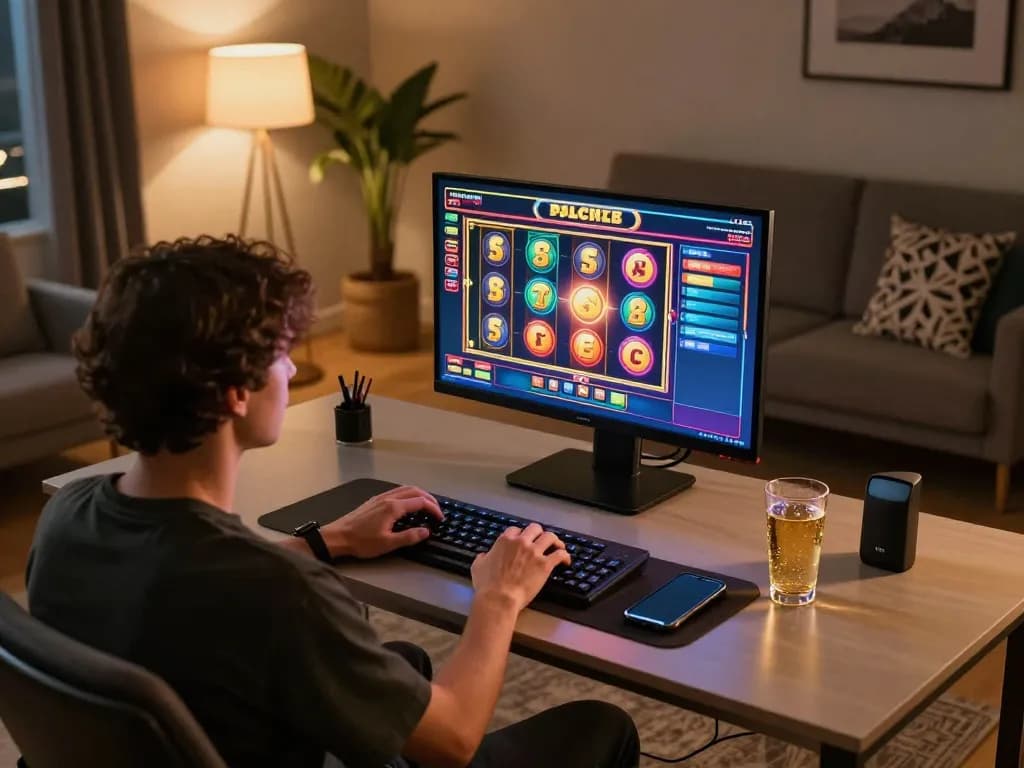 Enjoying an online gaming session on 58win com with vibrant slot graphics on the screen.