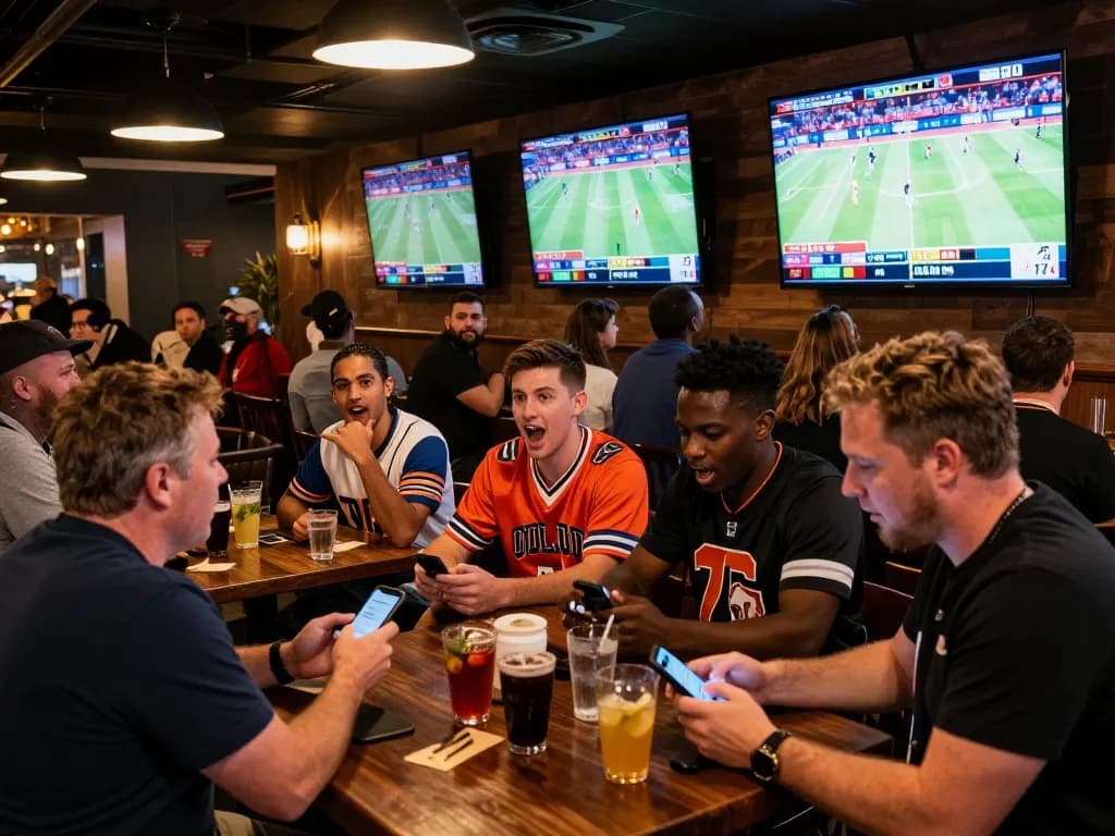FABET sports betting scene with enthusiastic patrons cheering during a live game, vibrant atmosphere.