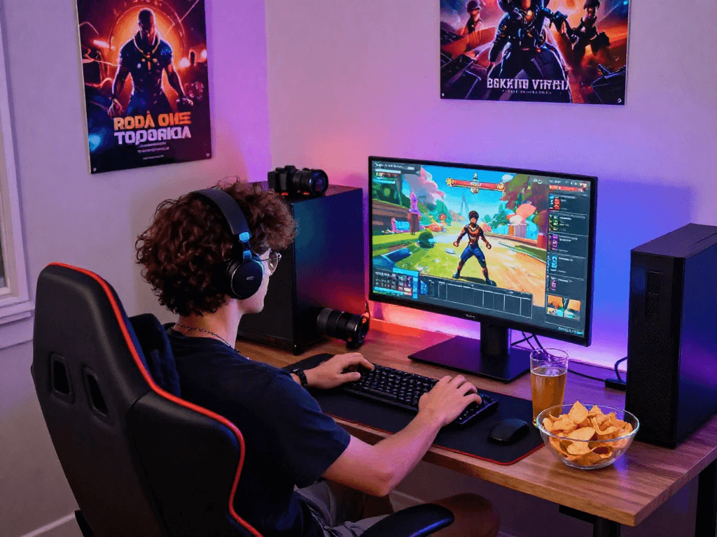 Engaged player enjoying a porn game online at a stylish gaming setup with vibrant lighting and cozy ambiance.
