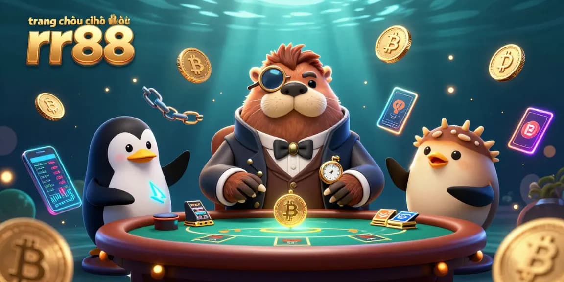 Experience the dynamic world of trang chủ chính thức rr88 at an underwater poker game with lively characters and digital currency elements.