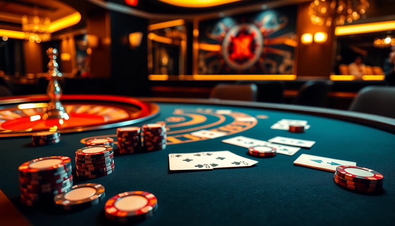Experience the thrill of gambling at km1888b with vibrant poker chips and cards on a stylish table.