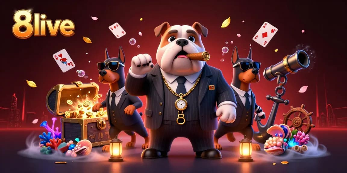 Experience the excitement of 8live with a cartoon mafia boss and Doberman bodyguards amidst rich casino elements.