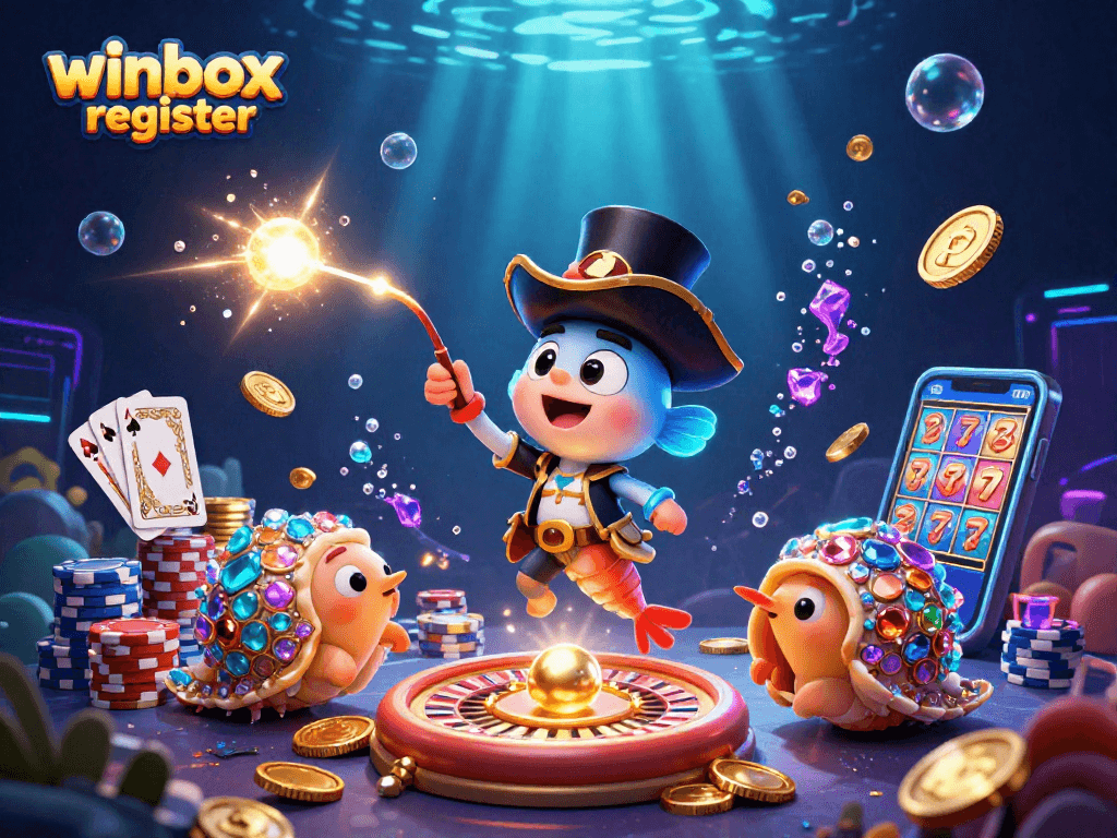 Winbox register with a vibrant underwater casino scene featuring treasure-laden characters attracting golden coins.