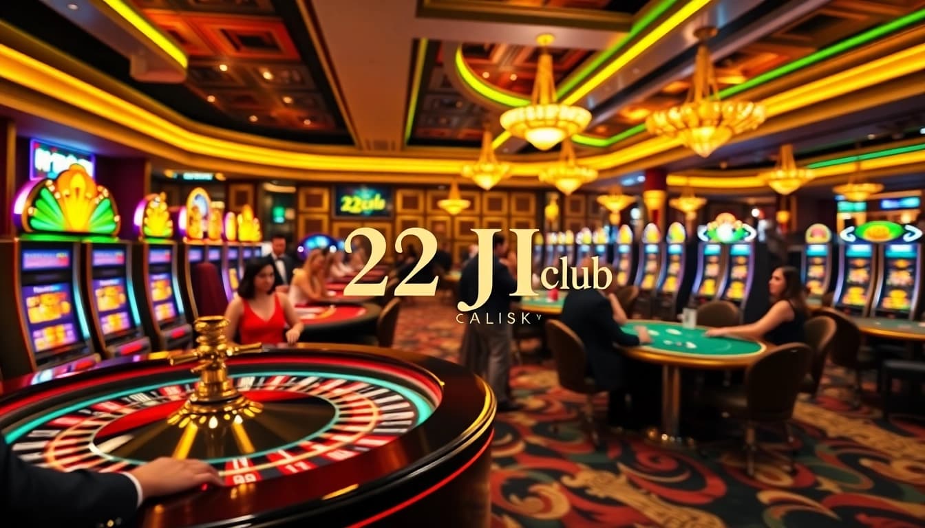 Experience the thrill of the 22jl club casino with vibrant gaming scenes showcasing poker and roulette excitement.
