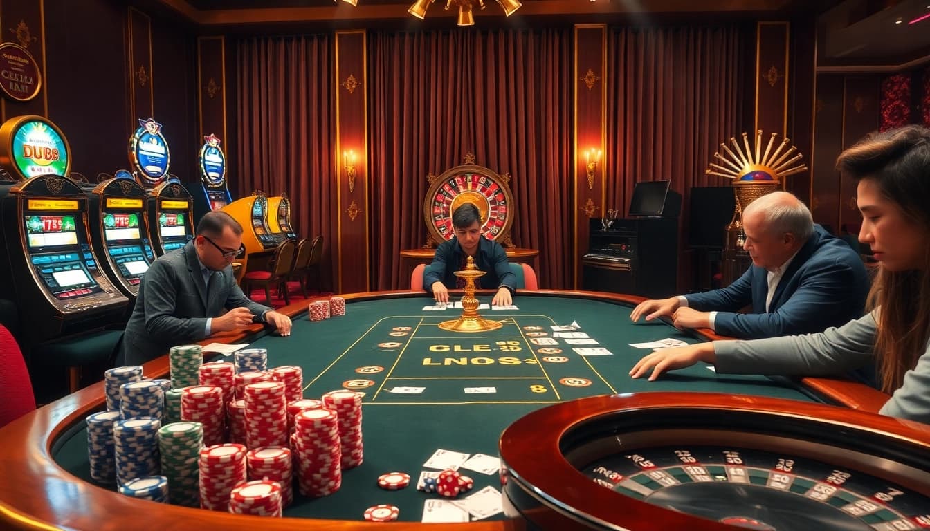 Engaging gambling scene featuring DU88 poker chips and players at a high-stakes table.