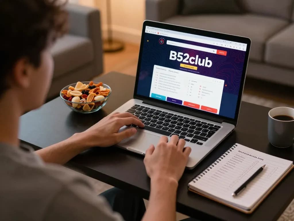 Giao diện trò chơi B52club hiển thị trên laptop, người chơi tham gia vào trò chơi trực tuyến trong khi quản lý các chiến lược trong phòng khách thoải mái.