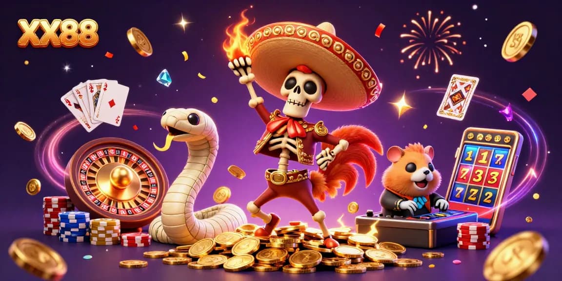 Experience the excitement of XX88 with vibrant casino characters dancing amidst colorful coins and dynamic game elements.