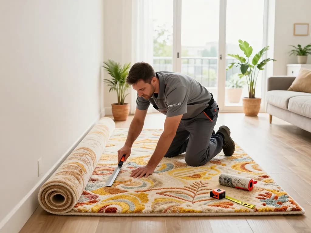 Professional carpet fitters near me installing a plush carpet in a bright living room.
