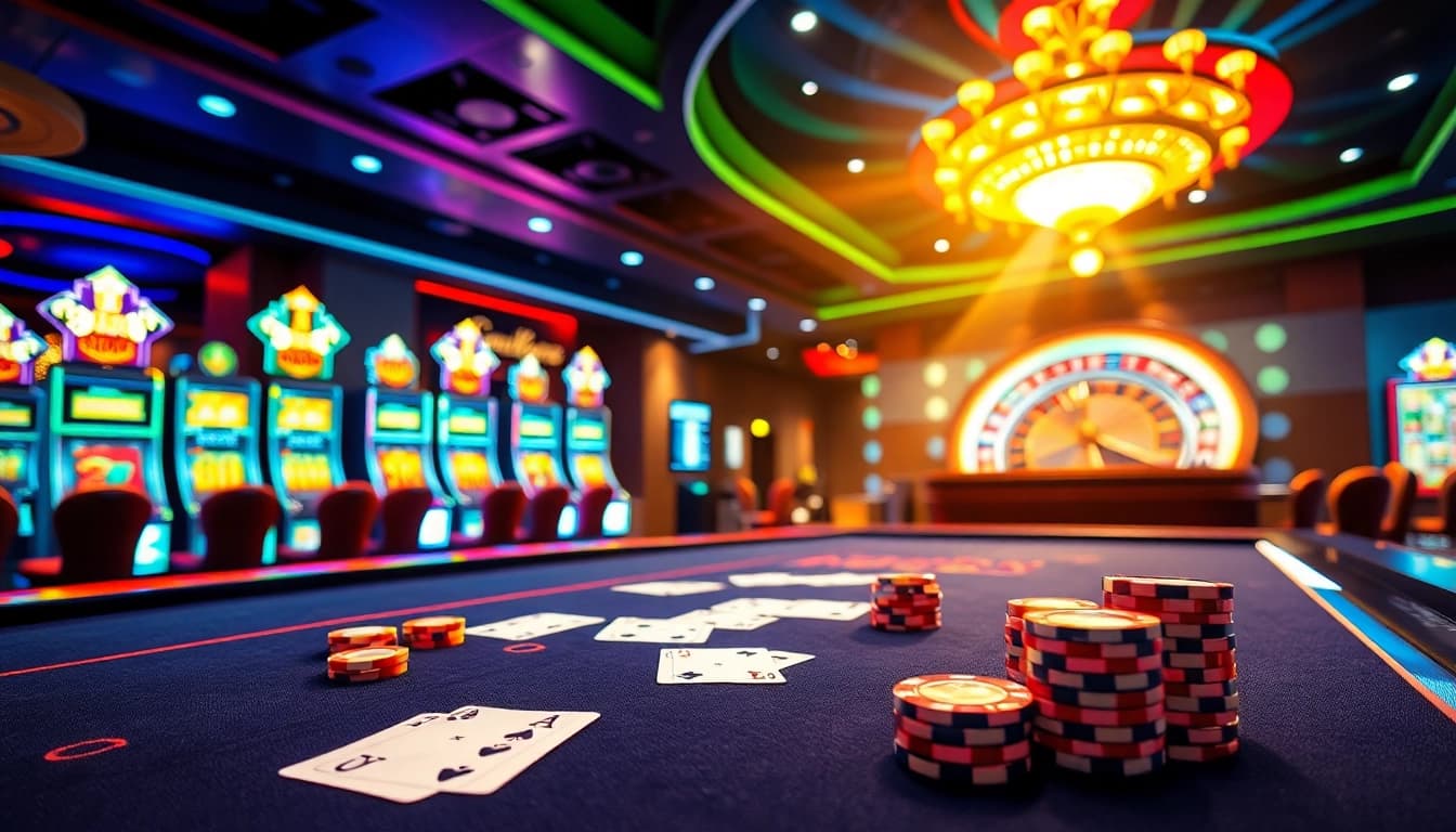 Experience the thrill of gaming at 23win, showcasing vibrant casino action with poker chips and roulette.