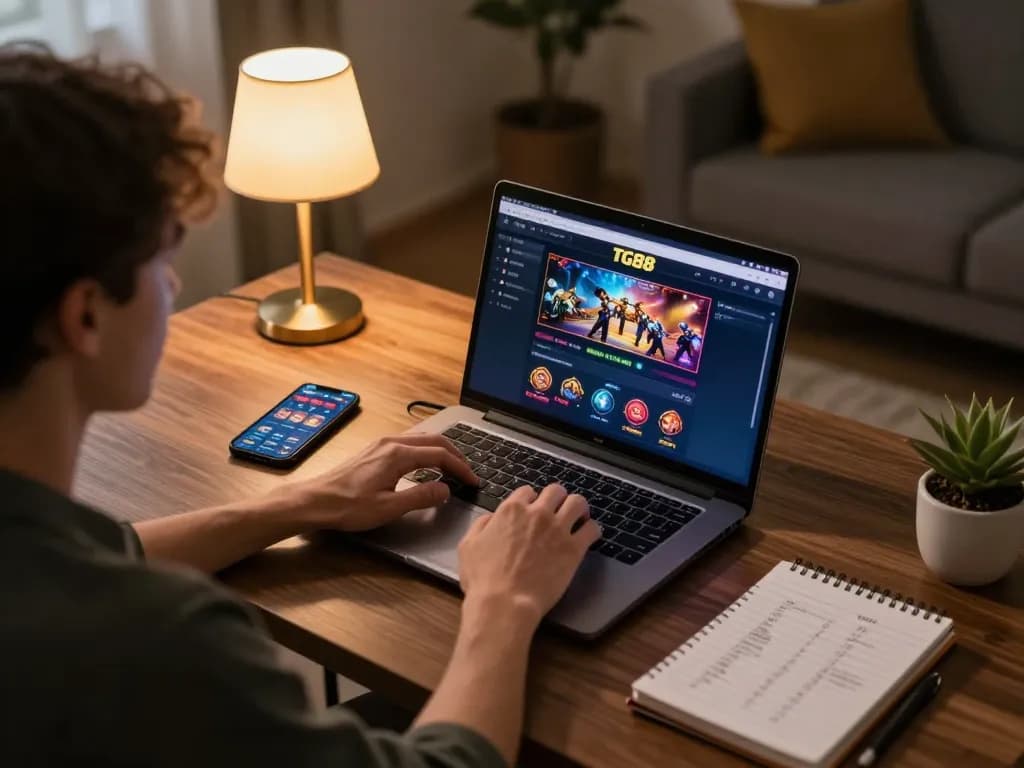 TG88 user engaged in online gaming strategy, focused on laptop with betting interface.