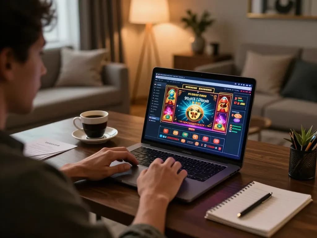 Engaged player using SHBET platform for online casino gameplay in cozy home setting.