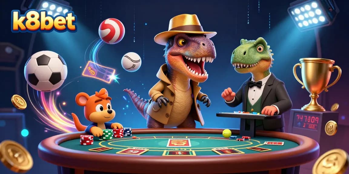 K8bet features a cartoon velociraptor card counter at a blackjack table, under suspicious watch.