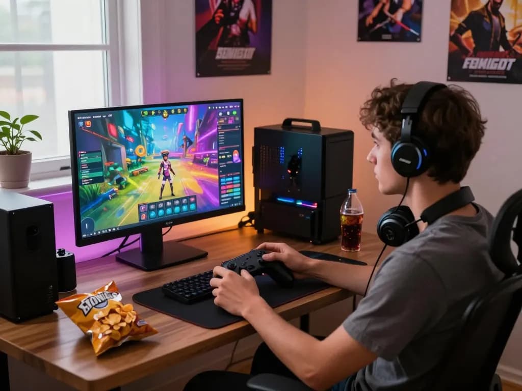 Engaging gaming setup with a young adult playing a sex game online.