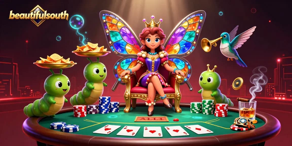 Beautifulsouth cue poker excitement with a butterfly queen and vibrant casino elements.
