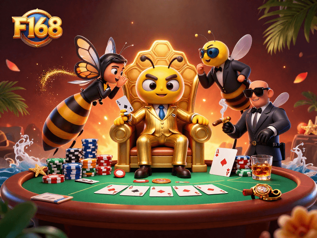 Experience the excitement of F168 with a bumblebee mob boss in a vibrant casino scene.