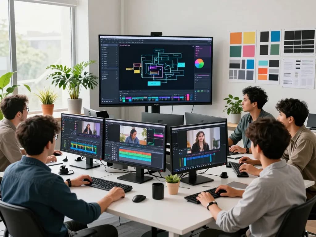 Creative team using seedance 2.0 ai for video production in a modern studio environment.