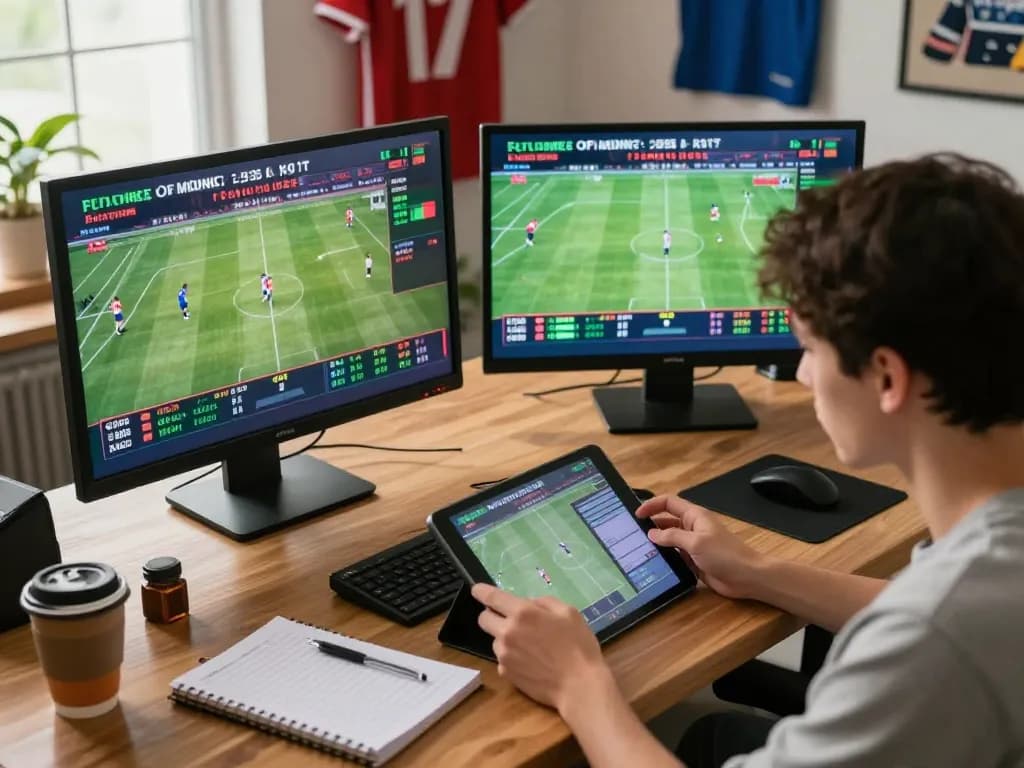 Engaging in strategic sports betting at home, highlighting 555 win opportunities with multiple screens.