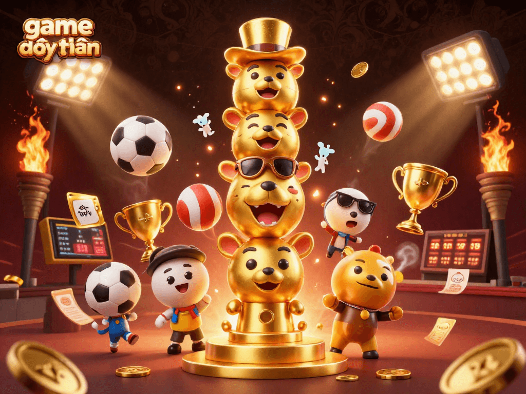 Experience the excitement of game đổi thưởng with vibrant 3D illustrations showcasing dynamic sports elements and lively casino motifs.