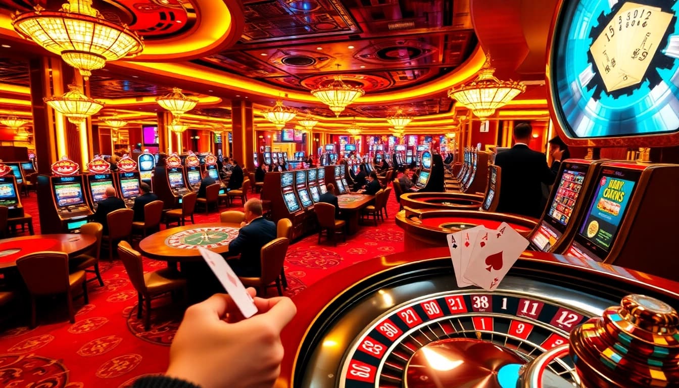 Experience the thrill of 68VIP with vibrant casino tables and engaging slot machines in a luxurious setting.