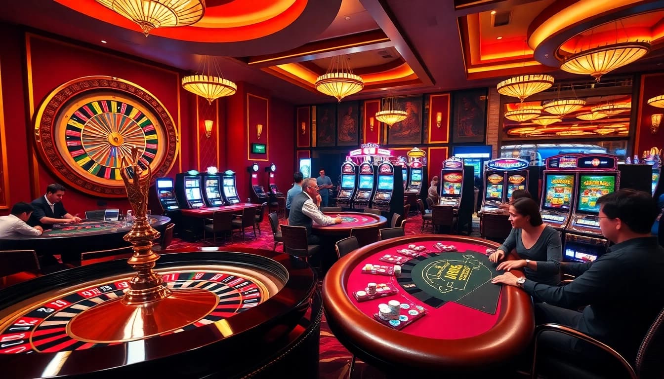 Players enjoying WE88 casino games at luxurious tables with flashing slot machines.