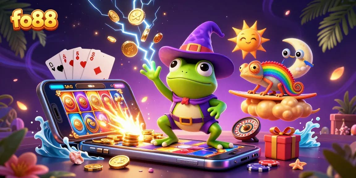 fo88 players winning jackpots amidst a vibrant casino fantasy scene filled with golden coins and games.
