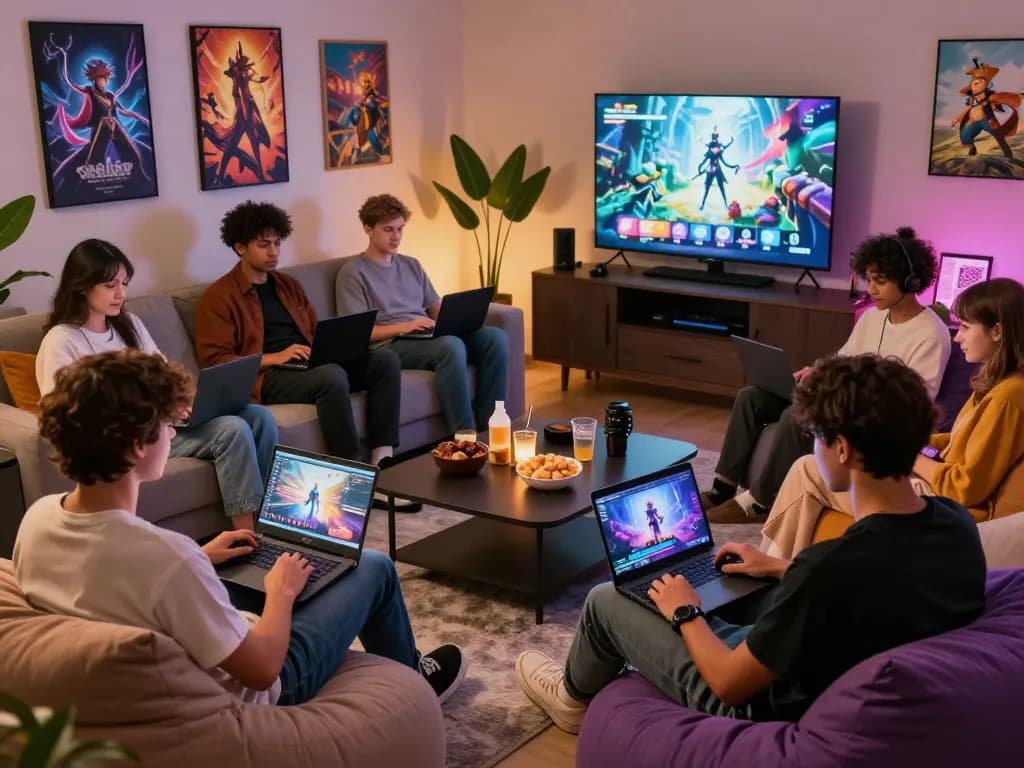 Players enjoying various porn games in a cozy gaming lounge with colorful decor.