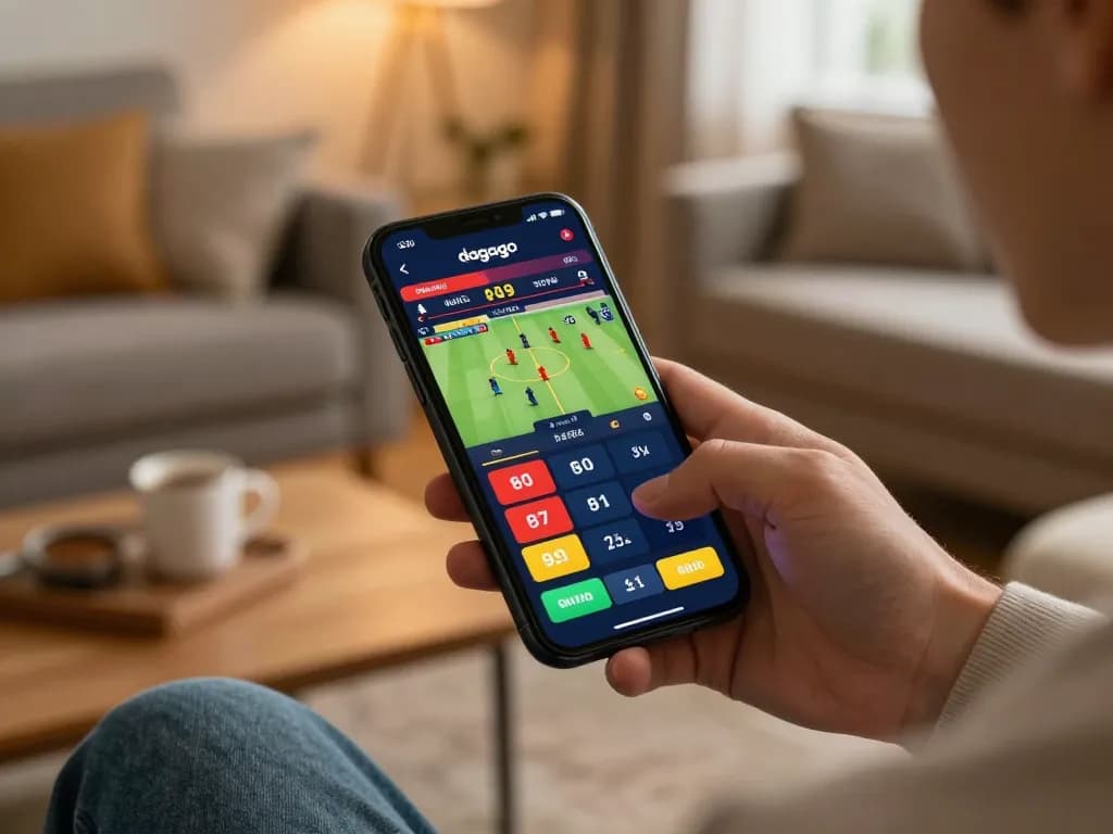 Engaged user placing bets on dagago app in a warm and inviting home environment