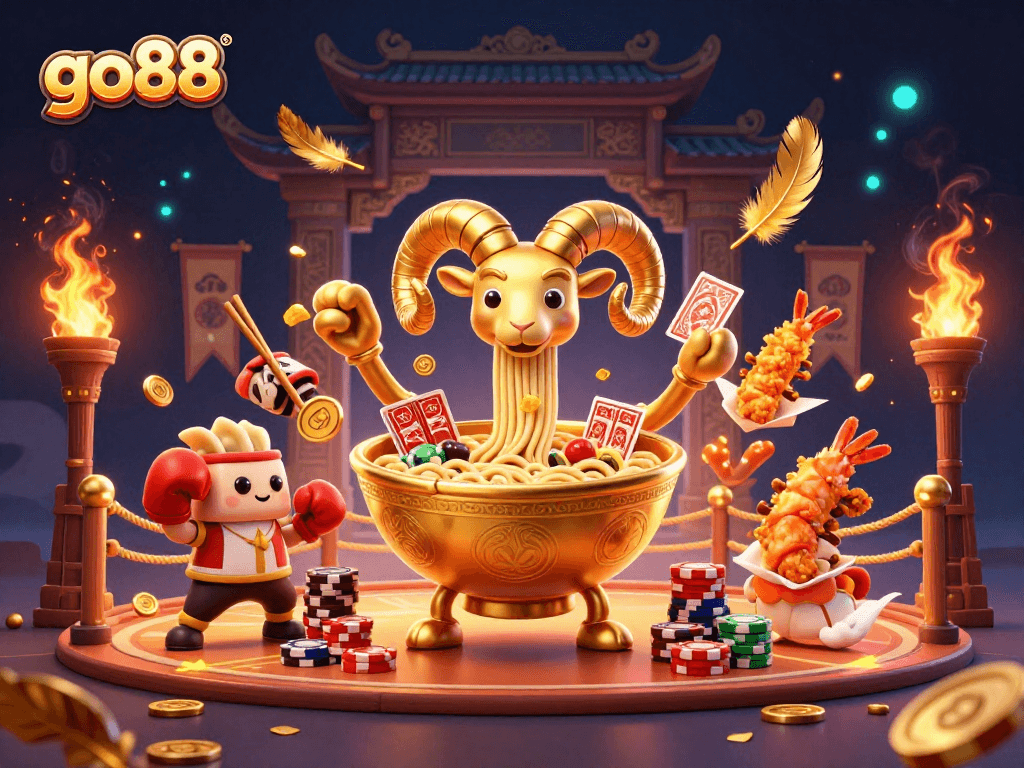 Engage in the thrill of go88 as a giant ramen bowl dealer stacks chips in a vibrant casino scene.
