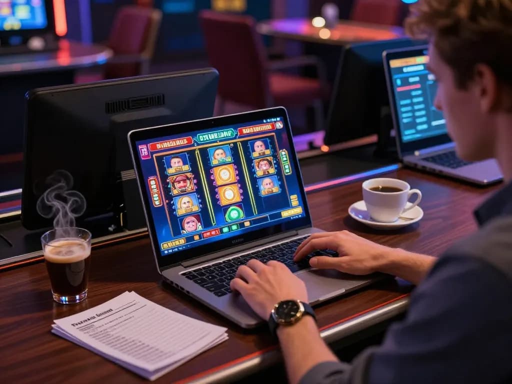 Player engaging with nhà cái luck8 on laptop amidst betting notes, showcasing a cozy online gaming setup.