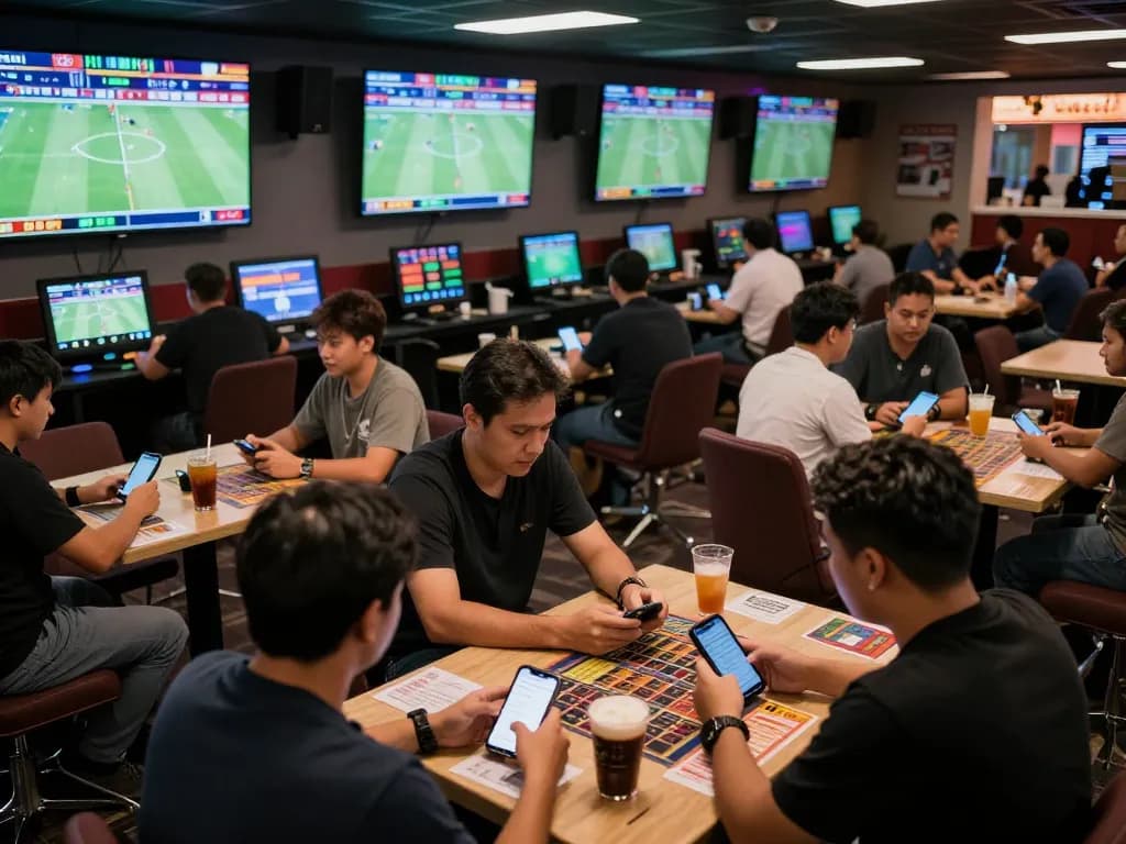 Excited bettors engaging with kèo nhà cái in a sports betting lounge as they analyze odds and place bets.