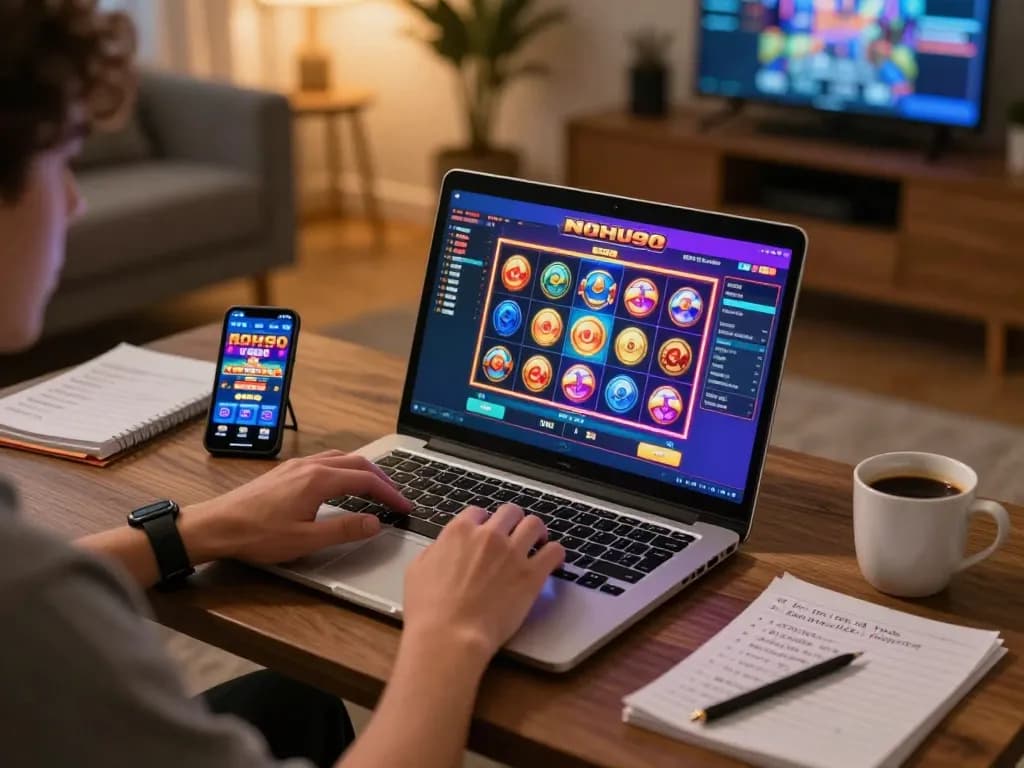 Play NOHU90 online slots while using a laptop and smartphone in a cozy home environment.