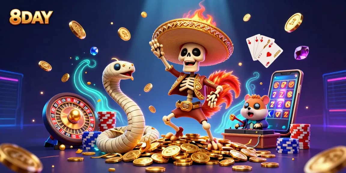 Experience thrilling moments at 8DAY with vibrant casino characters dancing around golden coins.