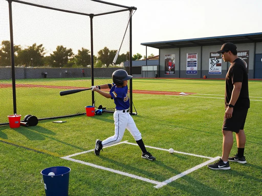 Young athlete training at the hit club baseball facility with a coach guiding batting practice during golden hour.