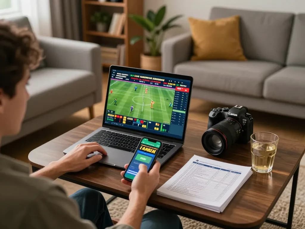 C168 user engaged in sports betting, analyzing odds on laptop while enjoying comfortable home atmosphere.