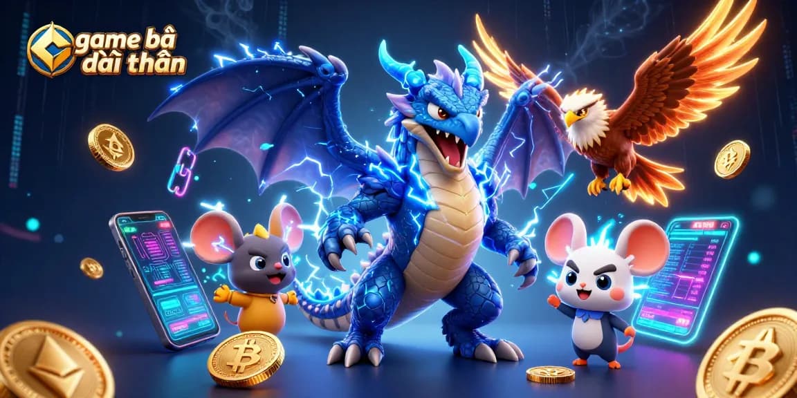 Engage in game bài đổi thưởng with a colorful 3D illustration featuring vibrant characters and digital coins.