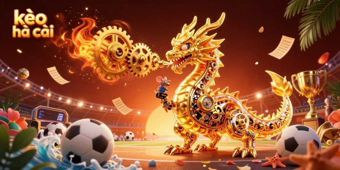 Engage in kèo nhà cái action with a golden dragon, sports elements, and a vibrant dynamic scene.