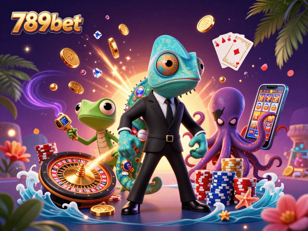 Engage with 789bet's vibrant casino scene featuring a secret agent chameleon, dazzling coins, and a roulette wheel.