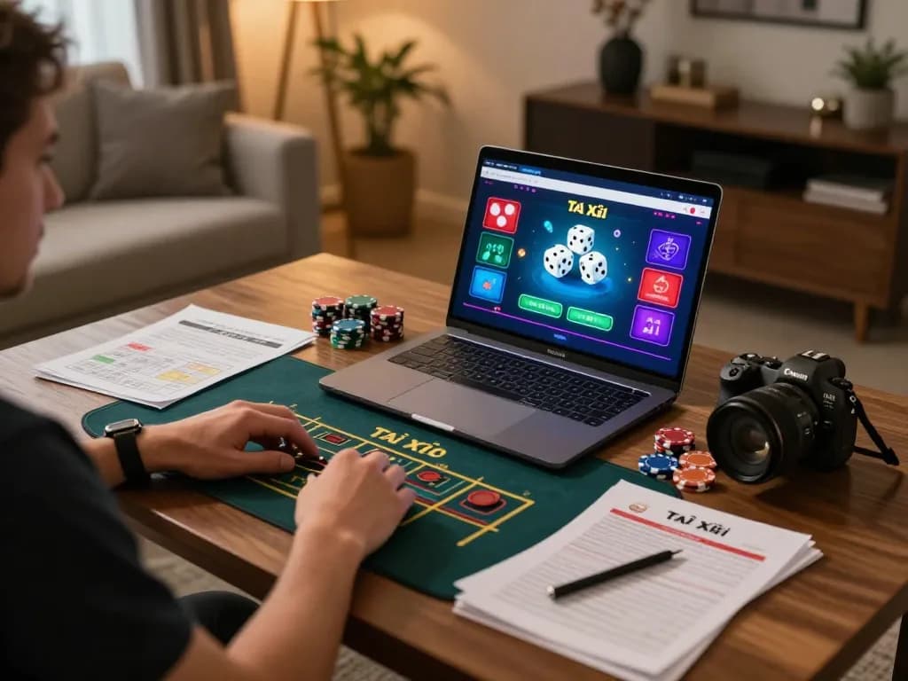 TaiXiuOnlineGo player enjoying an online Tài Xỉu game at home with strategy notes visible.